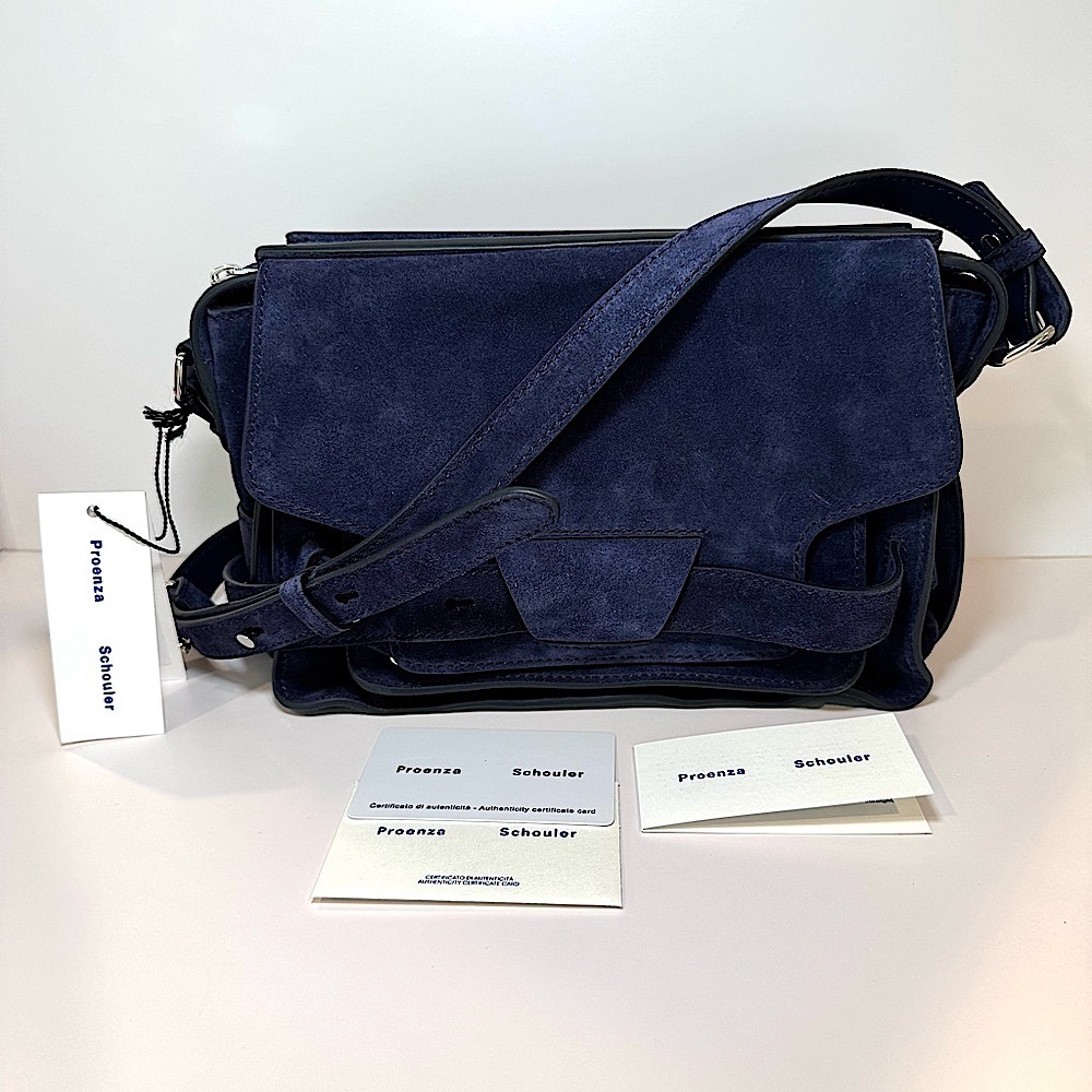 NWT Proenza Schouler Medium Beacon Bag In Navy Blue Suede W Crossbody Strap